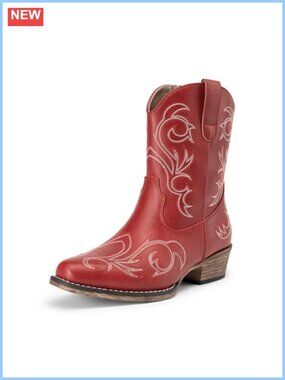 Women's Western Ankle Boots Embroidered Faux Leather Square Toe Cuban Heel